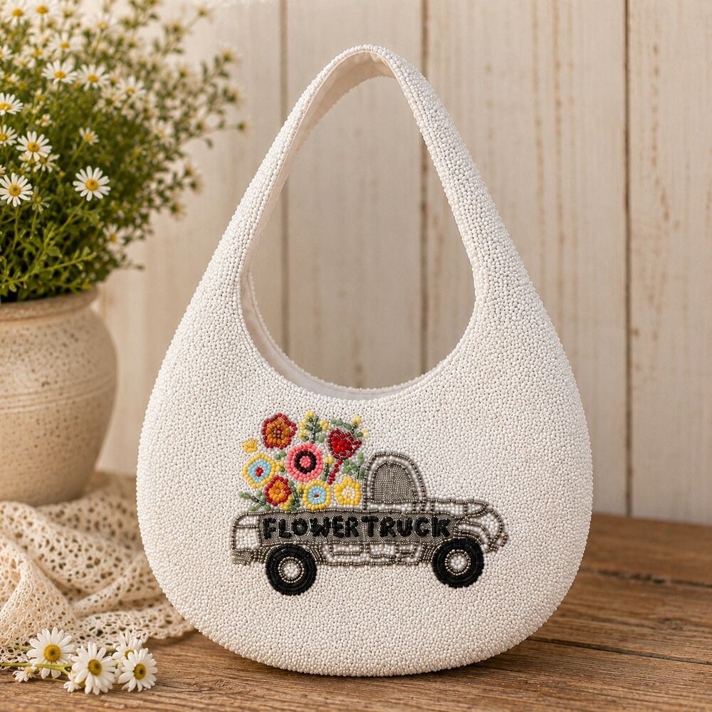 NWT Viral Hand Beaded Flower Truck Shoulder Bag White Floral India Cottagecore